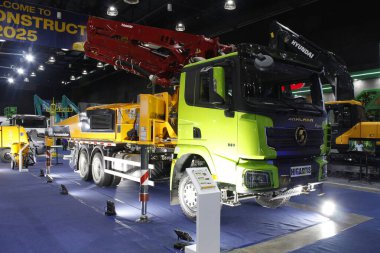 PASAY, PH - NOV 8 - Putzmeister concrete pump truck at Philconstruct on November 8, 2025 in Pasay, Philippines. Philconstruct is a annual construction show in Philippines.