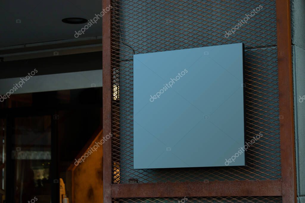 Signboard mockup and template empty frame for logo or text on exterior street advertising city shop background, modern flat style