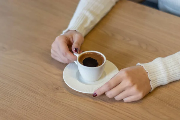 Woman Wooden Table Holding Turkish Coffee Your Hands — Stock Photo, Image