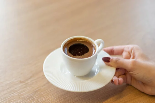 Woman Wooden Table Holding Turkish Coffee Your Hands — Stock Photo, Image