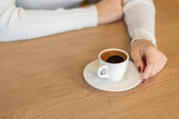 Woman Wooden Table Holding Turkish Coffee Your Hands — Stock Photo, Image