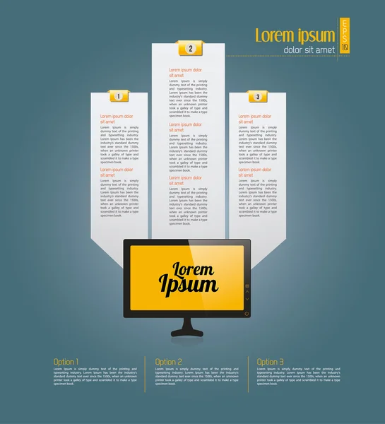 Plantilla de infografía de tecnología vectorial Los cuadros de texto de luz con computadora de escritorio 3D realista con fondo amarillo se pueden usar para el diseño del flujo de trabajo, diagrama, gráfico, opciones de números, diseño web. Eps 10 ilustración vectorial — Archivo Imágenes Vectoriales