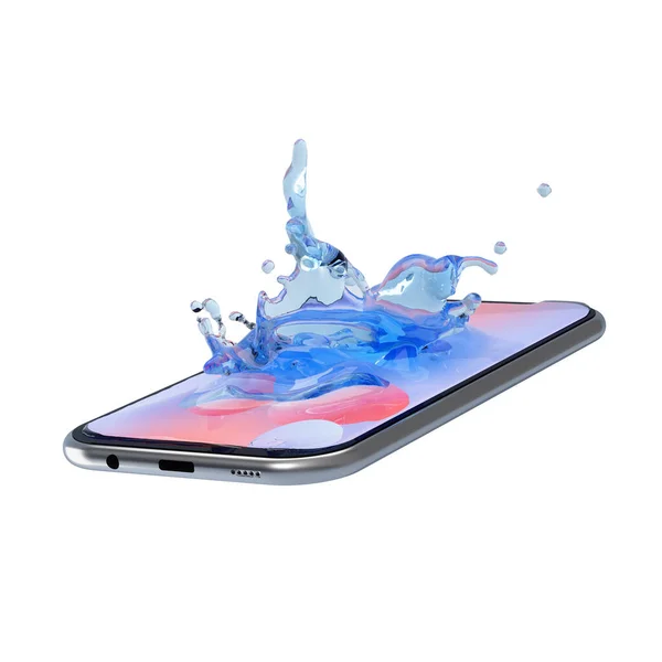 Ein Handy Mit Wasser Das Vom Bildschirm Spritzt Rendering Stockbild