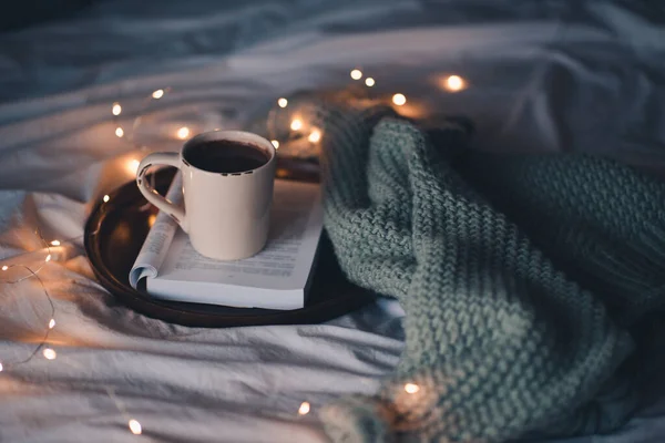 Cup Fresh Hot Coffee Open Book Staying Wooden Tray Knitted — Stock Photo, Image