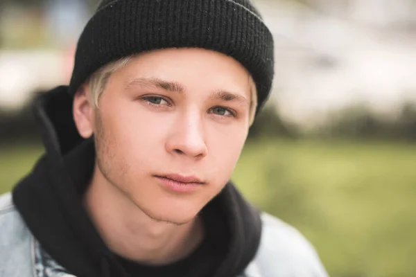 Stylish Teen Boy Year Old Wearing Black Knitted Hat Hoodie — Stock Photo, Image