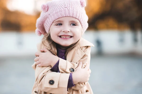 Happy Child Girl Year Old Wearing Autumn Jacket Knited Hat — Stock Photo, Image