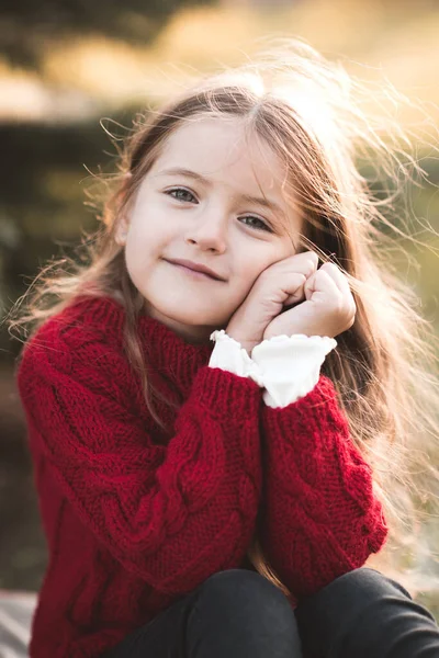 Smiling Baby Girl Year Old Wearing Knitted Red Sweater Posing — Stock Photo, Image