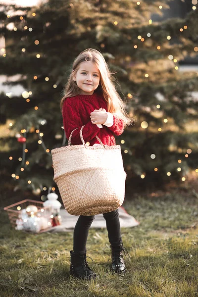 Happy Child Girl Year Old Wearing Knitted Red Sweater Holding — Stock Photo, Image