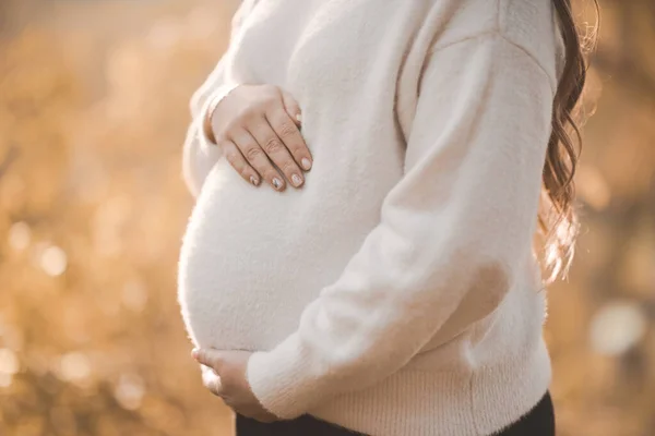 Femme Enceinte Portant Pull Tricoté Tenant Ventre Avec Les Mains — Photo