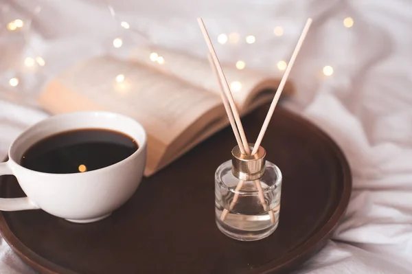 Cup Fresh Black Coffee Open Paper Book Liquid Home Perfume — Stock Photo, Image