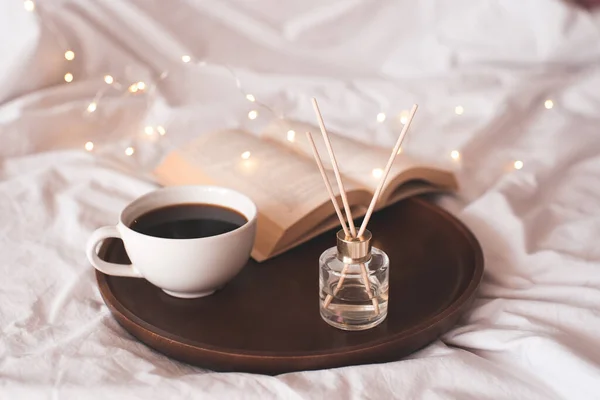 Cup Fresh Black Coffee Open Paper Book Liquid Home Perfume — Stock Photo, Image