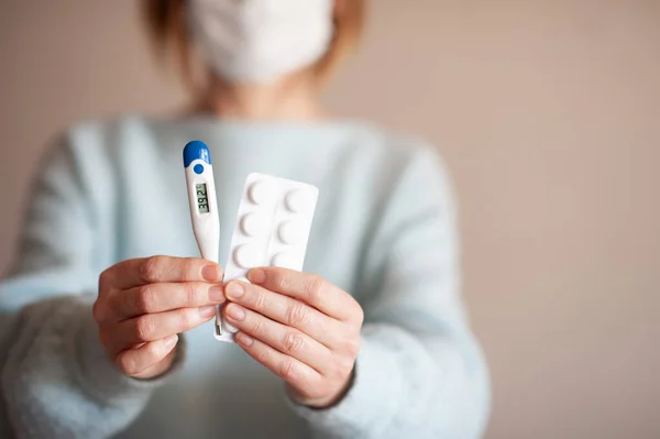 Aged Adult Woman Holding Digital Thermometer High Temperature Meds Home —  Fotos de Stock