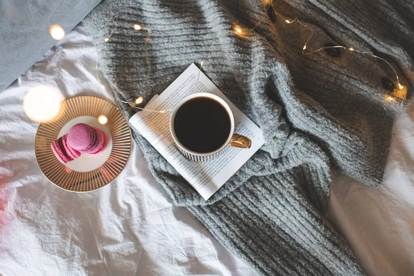 Cup Fresh Black Coffee Paper Open Book Knitted Woolen Jumper — Stock Photo, Image