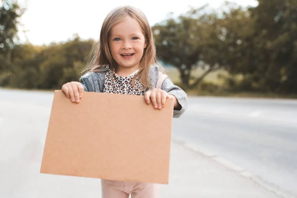 Happy Smiling Child Girl Year Old Hold Paper Craft Paris — Stock Photo, Image