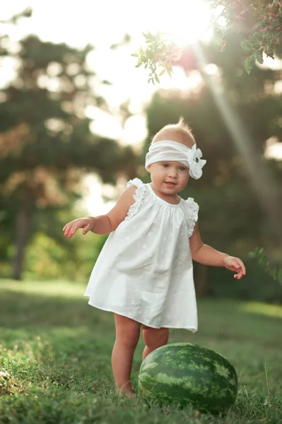 Baby girl with watermelon — Stock Photo, Image