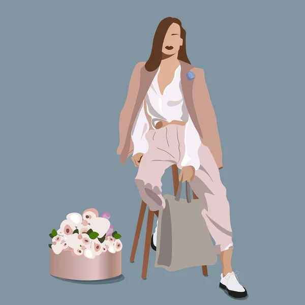 ベージュのコートを着た髪の毛の女の子 美しい白いブラウス スタイリッシュなズボンと白い靴 彼の手にパッケージを保持します 椅子の上に座る 床に丸い箱の中に花の花束があります — ストックベクタ