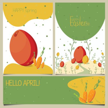 Renkli vektör tebrik kartı ve Paskalya yumurtalı pankart. Süslü Paskalya yumurtaları, havuçlar ve dallarla birlikte Mutlu Paskalya 3 'ün kutlama koleksiyonu. Yazdırma.