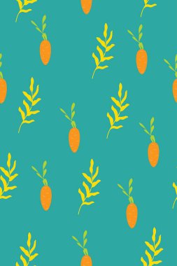 Turkuaz arka planda havuç ve dallarla süslenmiş renkli bir süs. Modern minimalist stil, serbest çizim. Çocuklar için tekstil, tipografi, kartpostallar, ambalaj için sonsuz vektör deseni.