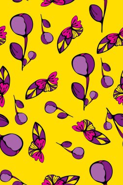 Ağ. Parlak sarı arka planda soyut pembe ve mor çiçekler. Elle çizilmiş, parlak yaz şablonları. Tekstil, ambalaj kağıdı ve arka planda baskı yapmak için..