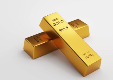 3D renkler, beyaz arka planda iki altın külçe 1000 gram. Finansal ve Bankacılık iş kavramları, arka plan kavramları, 3D illüstrasyon.