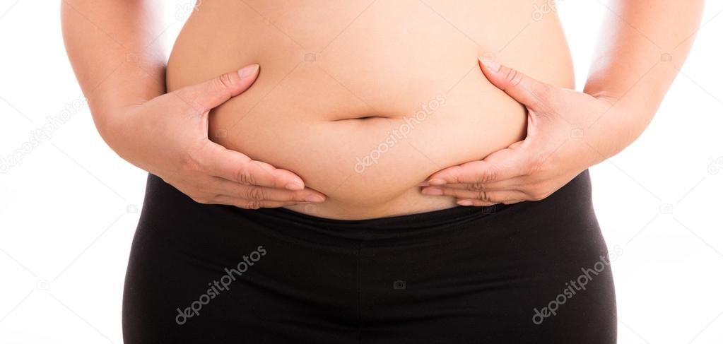 Women with fat belly on white background