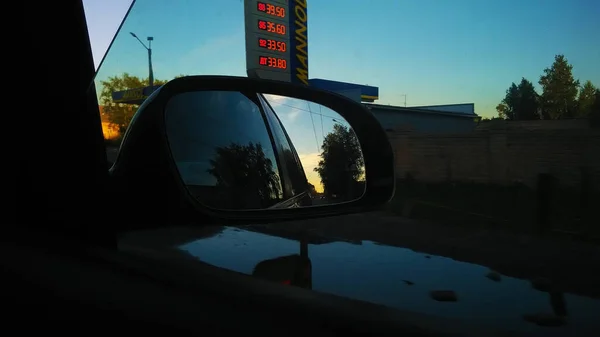 View Side Mirror Car Dashboard Windshield Multimedia System Sun Nature — Stock Photo, Image