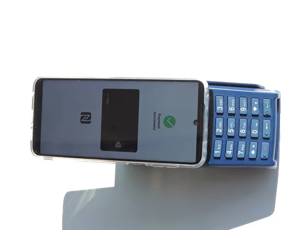 Contactloze Betaling Terminal Voor Het Product Telefoon Nfc Een Smartphone — Stockfoto