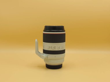 En iyi Super telezum-Sony FE 200-600mm F 5.6-6.3 G OSS gümüşü. Sarı arka planda. Avrupa Birliği 'nin görüşü.