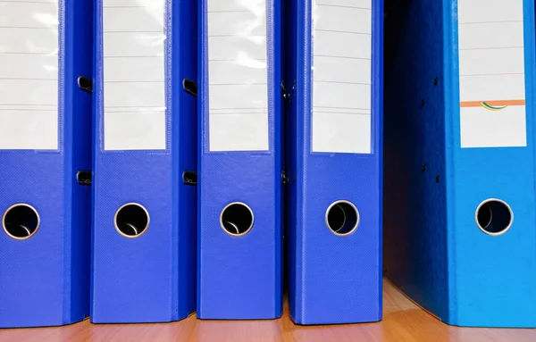 blue folders for papers on a shelf close-up