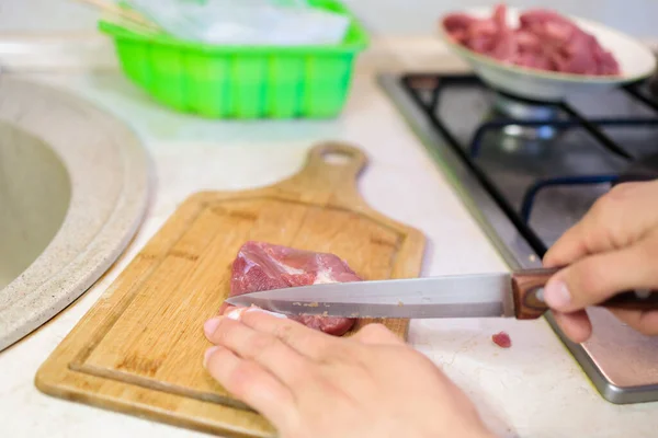 Woman Cuts Meat Cutting Board Hands Close — Stock Photo, Image
