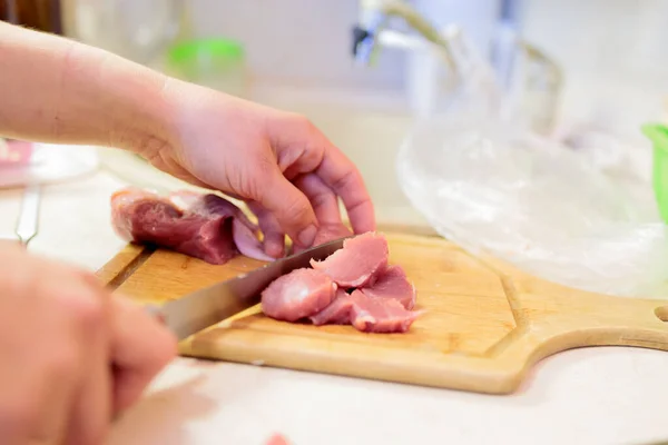 Woman Cuts Meat Cutting Board Hands Close — Stock Photo, Image