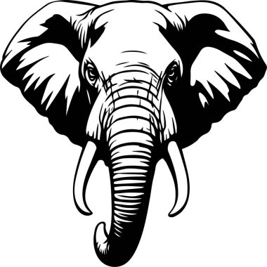 Siyah-beyaz bir fil kafası tasviri, cesur akışkan çizgiler ve güçlü karşıtlıklar, gücü, görkemi ve bilgeliği simgeliyor..