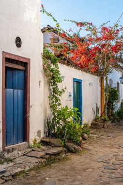 Tarihsel Brezilya kasabasında mavi ahşap kapılar ve koloni evleri cephesi