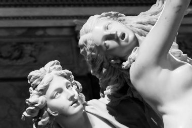 Apollo ve Daphne 'yi temsil eden mermer heykellerin yüzlerindeki siyah beyaz fotoğraf.