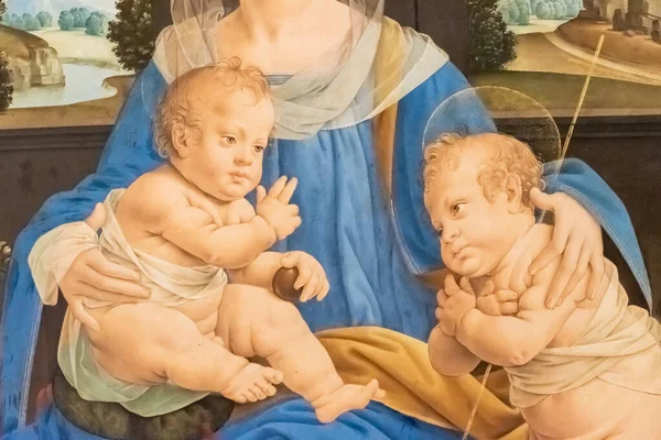 Detalle Pintura Medieval Que Muestra Una Mujer Vestida Azul Con —  Fotos de Stock