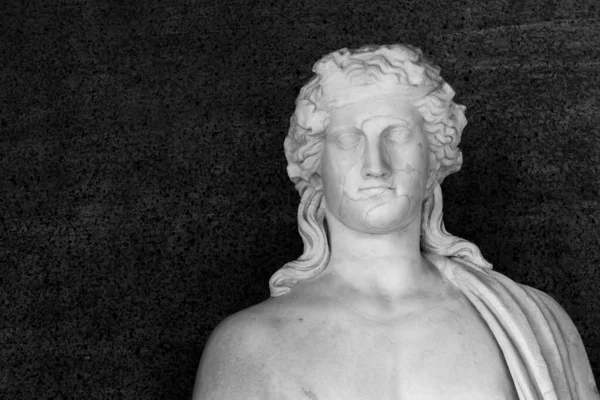 黒と白の写真は ハンサムな若い男性の英雄を表す古代ローマの像の再建された顔にクローズアップ — ストック写真