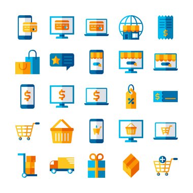 düz simge seti çevrimiçi pazarlama, iş ekommerce ödemesi