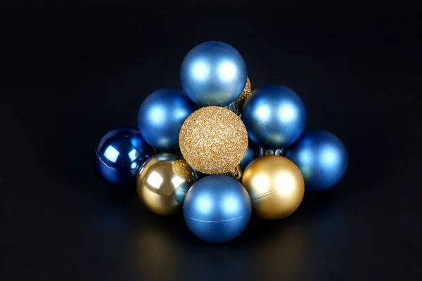 Composition Blue Gold Shiny Matte Christmas Balls Close View Black — Stock Photo, Image