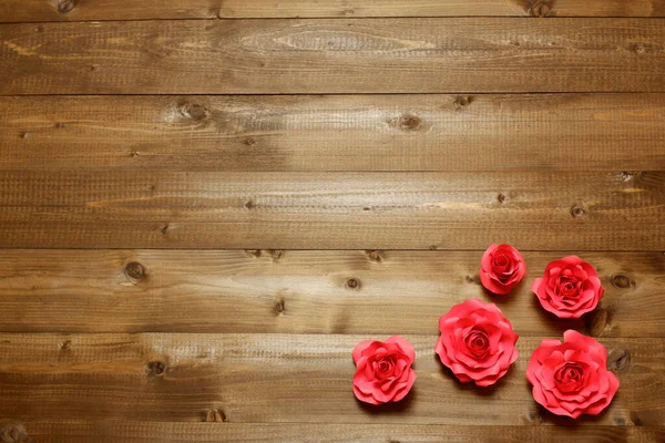 Few Handmade Red Paper Roses Brown Wooden Planks Background Love — Stock Photo, Image