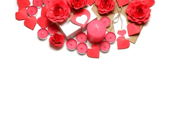 Varias Velas Cera Rosa Regalos Rosas Papel Rojo Hechas Mano — Foto de Stock