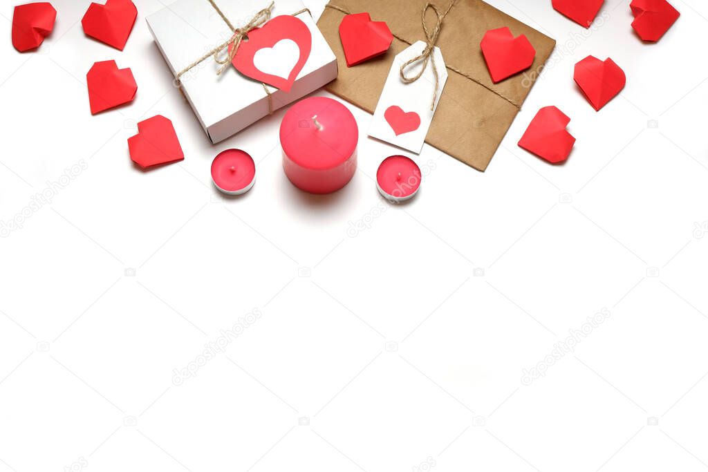 Love, Valentine's, women's day, relations, romantic template from white gift box and gift wrapped in craft paper, tied with twine with bows and labels with red hearts and candles on white backgroun