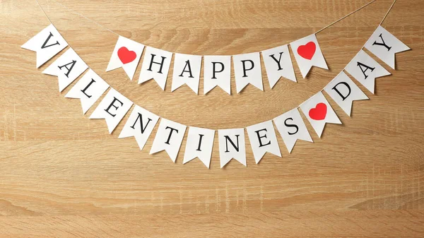 Happy Valentines Day White Flags Garland Wood Background Copy Space —  Fotos de Stock