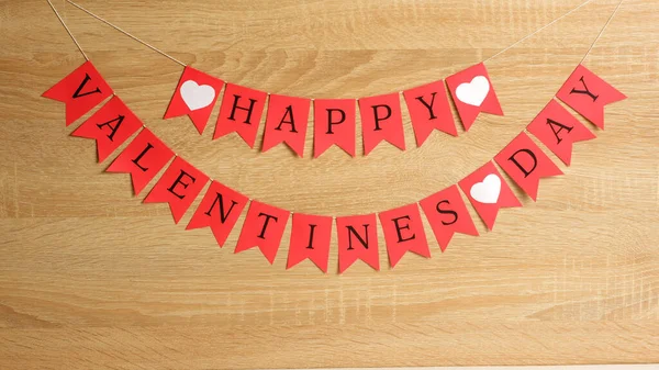 Happy Valentines Day Red Flags Garland Wood Background Copy Space — Foto de Stock