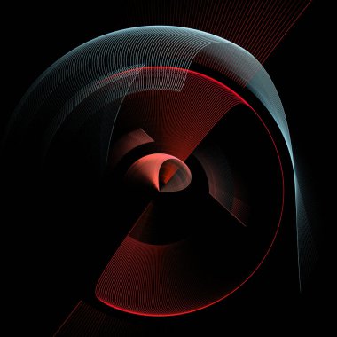 Zarif bir şekle sahip kırmızı ve beyaz yelpaze pervaneleri siyah bir zemin üzerinde döner. Grafik tasarım elementi. 3D görüntüleme. 3 boyutlu illüstrasyon. Logo, işaret, sembol, simge.