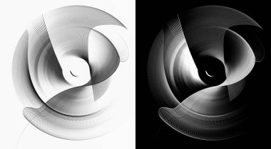  Soyut pervane bıçakları merkezin etrafında siyah ve beyaz arka planlarda döner. Tasarım için monokrom grafik elementler seti. 3D görüntüleme. 3 boyutlu illüstrasyon. Logo, işaret, sembol, simge.