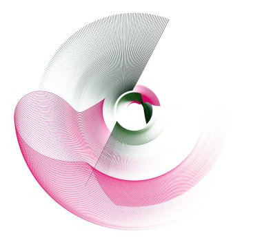 Dalgalı kırmızı ve düz koyu yeşil uçaklar beyaz arka planda bir dairenin etrafında dönerler. 3D görüntüleme. 3 boyutlu illüstrasyon. Logo, işaret, sembol, simge.