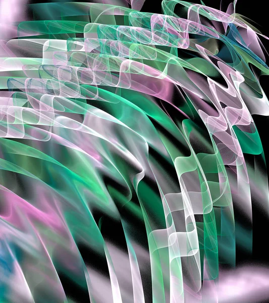 黒を背景に 空気の緑とピンクの波が斜めに舞い上がる 抽象画分背景 3Dレンダリング 3Dイラスト — ストック写真