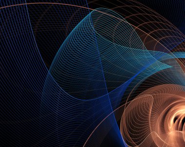 Renkli ağlar ve şeffaf dalgalı uçaklar siyah arkaplanda kesişiyor. Soyut fraktal arka plan. 3D görüntüleme. 3d illüstrasyon.