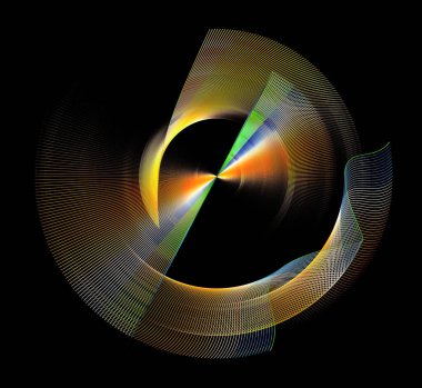 Güneş, şeffaf, düz ve dalgalı, renkli çizgileri olan pervaneler siyah bir arkaplan üzerinde dönüyor. 3D görüntüleme. 3 boyutlu illüstrasyon. Logo, simge, işaret, sembol. Grafik tasarım ögesi.