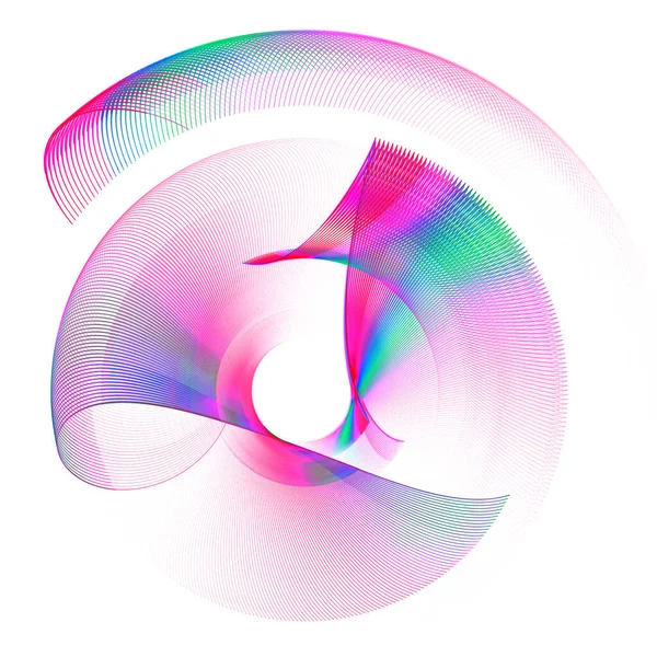 Yanardöner dalgalı düzlemler zarifçe kıvrılır ve beyaz bir zemin üzerinde daireler çizer. 3D görüntüleme. 3 boyutlu illüstrasyon. Logo, simge, işaret, sembol. Grafik tasarım ögesi.